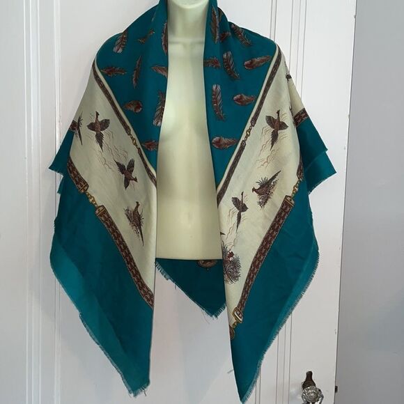 Vtg Gina Ruccini pheasants & feathers extra large scarf or wrap - Picture 7 of 9